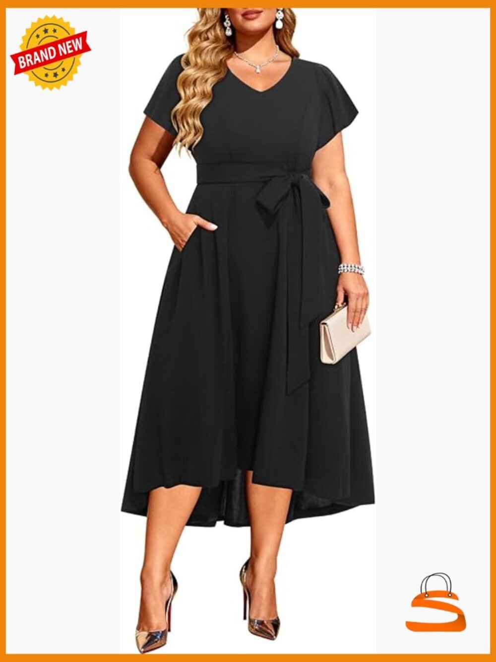 Plus Size Flutter Sleeve Formal Dress with Pockets High Low Fit Flare